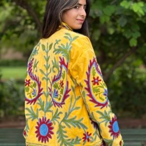 Womens Yellow Velvet Embroidered Jacket with Floral Design