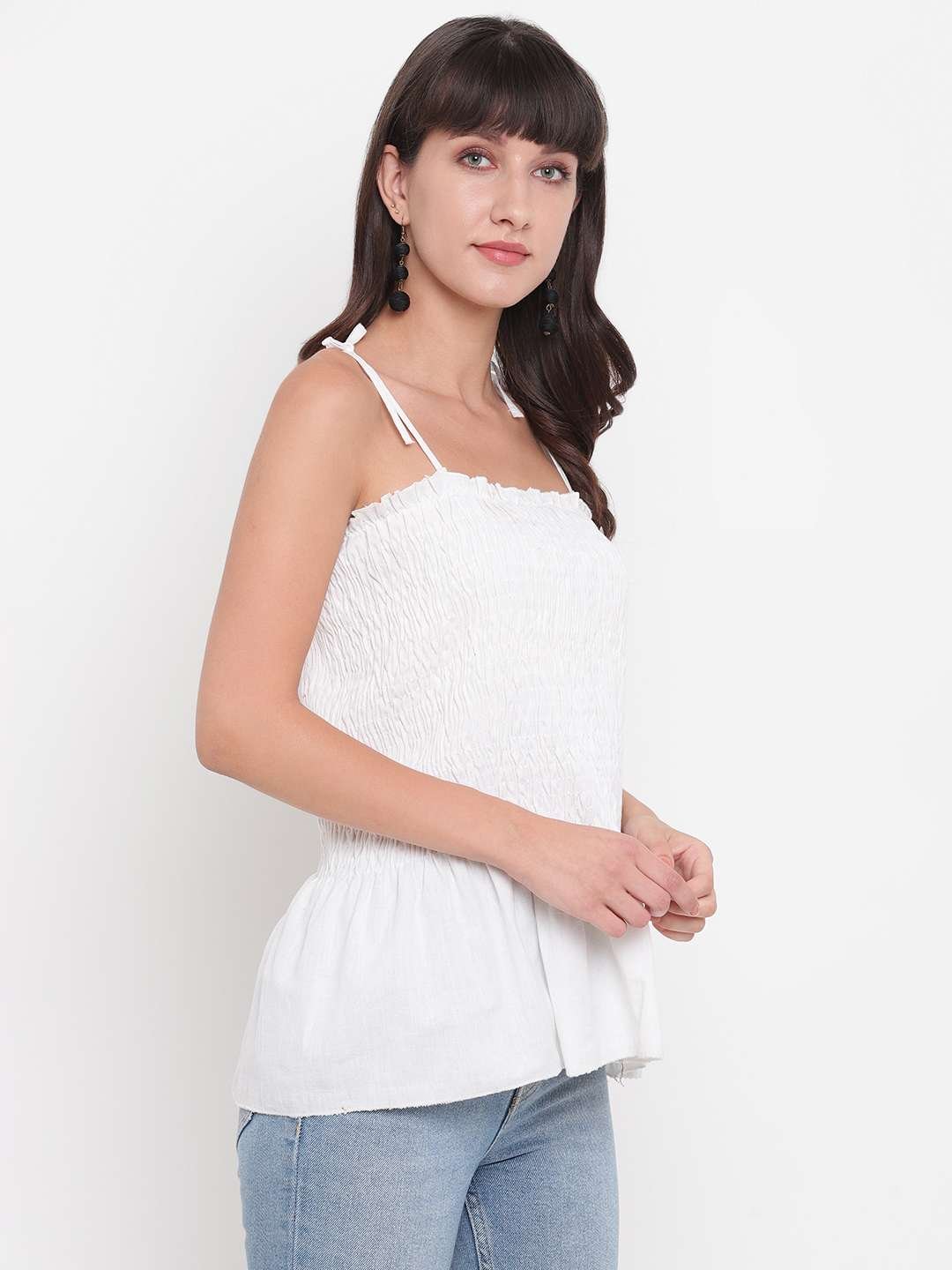 Women's Rayon Solid Casual Summer Style Tie Shoulder Straps Free Size Tank Top (White)